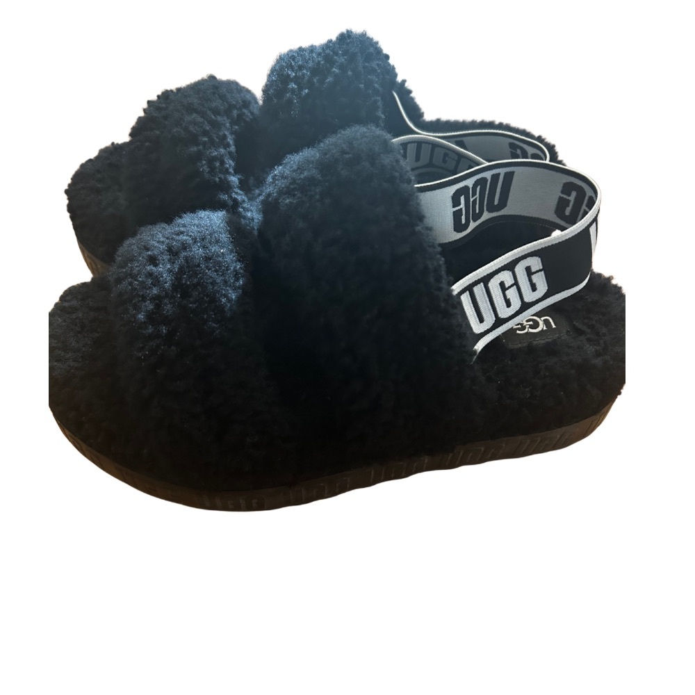 UGG Black Fluffy Slides with Logo Strap